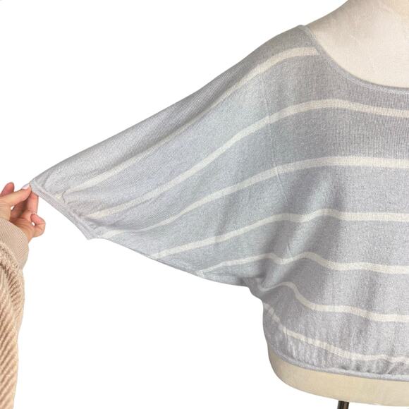 Beyond Vintage Gray Knit White Stripe Silver Sparkle Short Dolman Sleeve Sweater - Picture 7 of 12